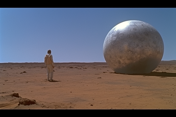 A person stands in the desert looking at a large, weathered silver sphere