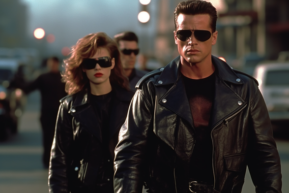 Not Arnie terminator with a woman also in a leather jacket and sunglasses