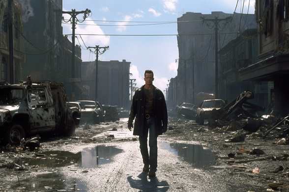 A sunglassless terminator walking through a ruined city street