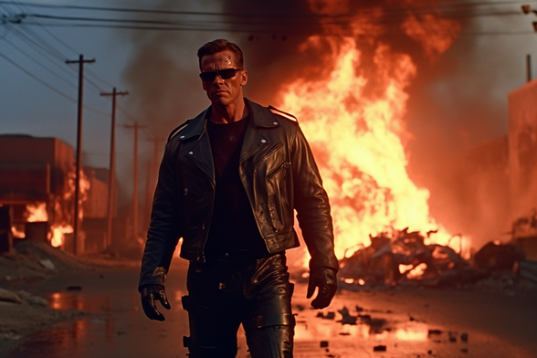 A very slightly the worse for wear not Arnie terminator against a backdrop of a city street filled with flaming wreckage