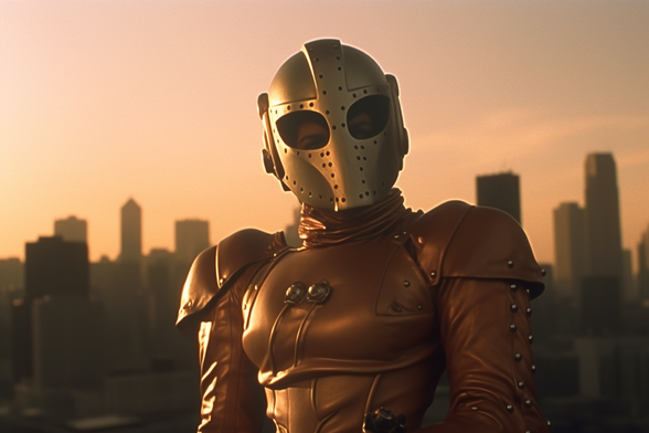 A lady Rocketeer against a skyscraper skyline