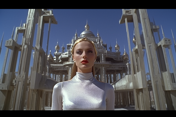A woman stands defiantly in front of an elaborate building