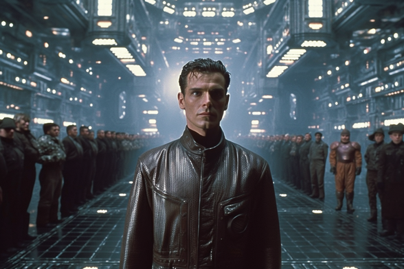 A man in a leather jacket stands in a futuristic prison complex between rows of inmates or guards