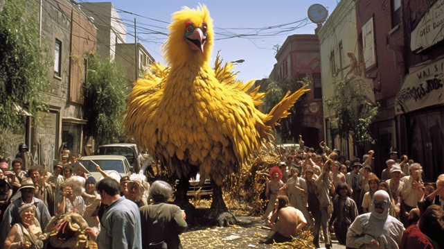 photograph, cinematic still, a scene from the 1986 action thriller Big Bird by Terry Gilliam, photography
