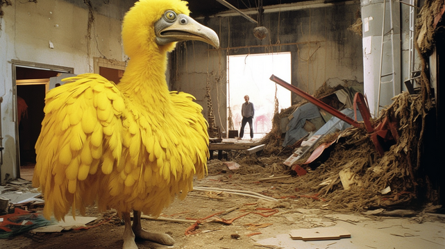 photograph, cinematic still, a scene from the 1986 action thriller Big Bird by Terry Gilliam, photography
