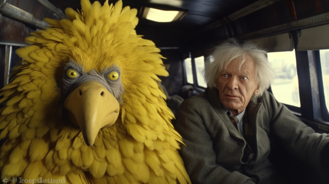 photograph, cinematic still, a scene from the 1986 action thriller Big Bird by Terry Gilliam, photography