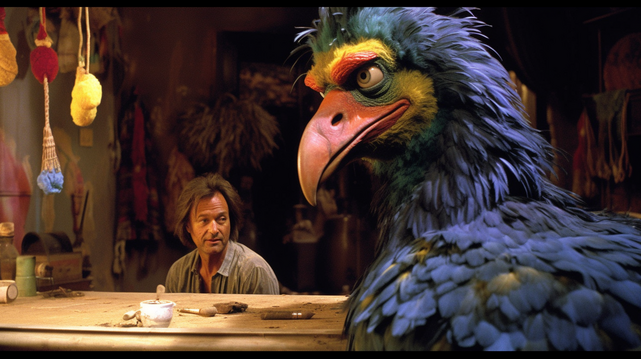 photograph, cinematic still, a scene from the 1986 action thriller Big Bird by Terry Gilliam, photography