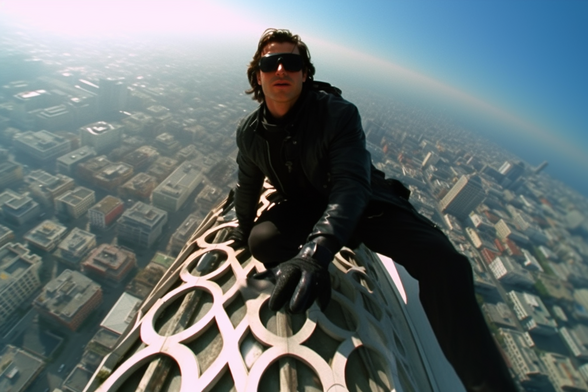 Tom Cruise in black perched on a piece of architecture high over a city