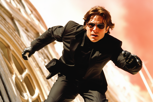 Tom Cruise in black running down the side of a heritage building
