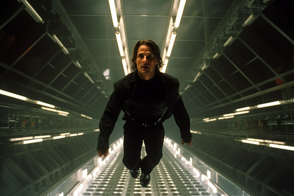 Tom Cruise in black floating through a space station corridor