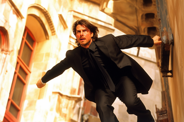 Tom Cruise in black jumping from a heritage building