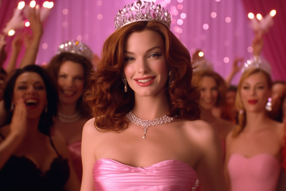 A woman with big hair in a pink strapless gown wearing a tiara