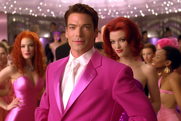 A man in a pink suit in front of women with big hair in pink strapless gowns