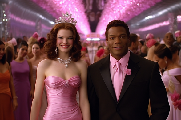 A woman with big hair in a pink strapless gown wearing a tiara next to a man in a suit