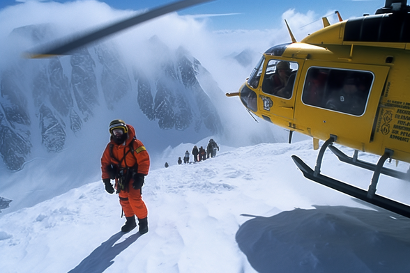 Mountain climber next to a helicopter touching down on an icy mountain top