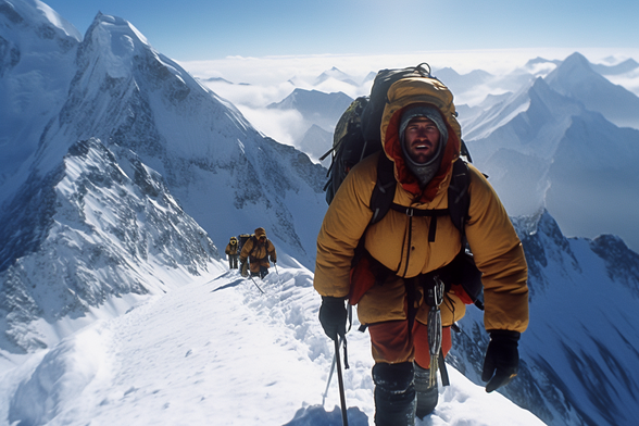 Mountain climber walking along a snowy ridge, with other climbers far behind
