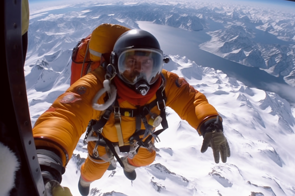 A mountain climber in a crash helmet hanging on preciously from a helicopter high above mountains