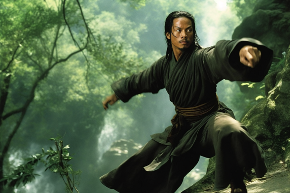 A male martial artist executing a move in a forest