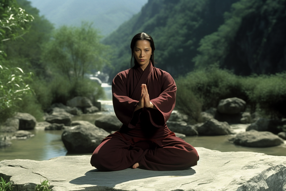 A female martial artist in a lotus position by a river bank