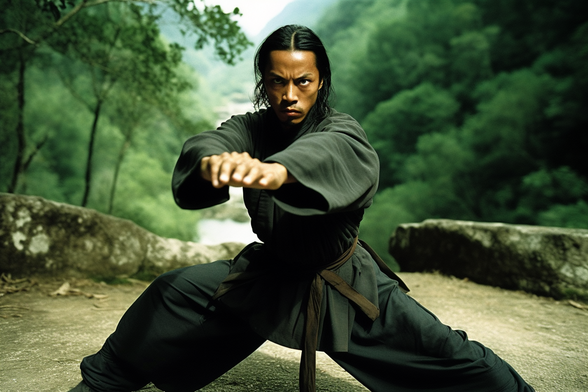 A male martial artist in a wide stance pushing his hands out in front of him in a forest