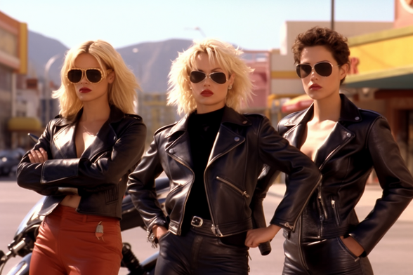 Three women in leather motorcycle gear, two blonde, one brunette, all in dark sunglasses