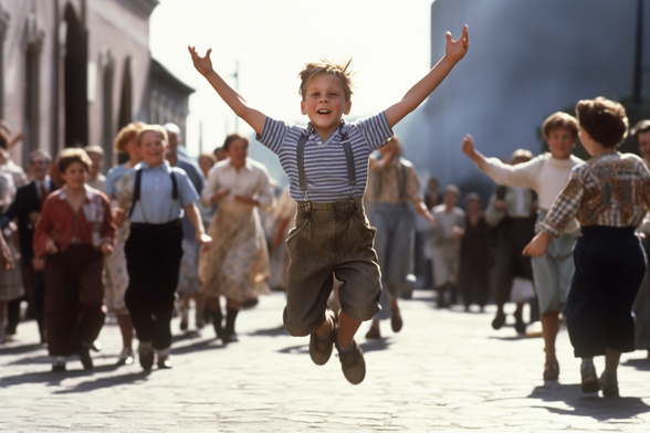 Young boy keaping in a crowded street