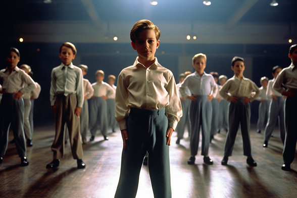 Young boy standing in a rehearsal hall in front of many other young boys