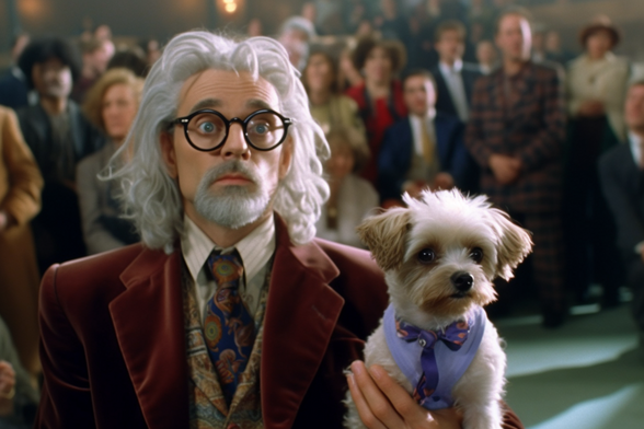 A man and his dog in front of a crowd and the man looks like his dog