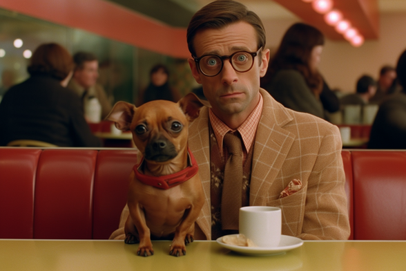 A man and a dog sitting in a diner and the man looks like his dog