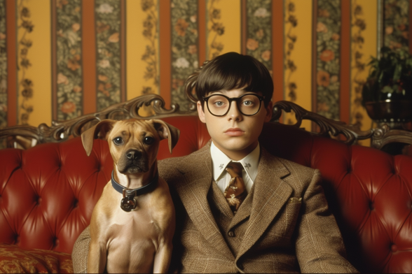 A boy and his dog sitting on an antique sofa and the boy doesn’t look too much like his dog