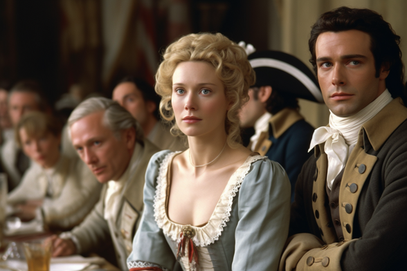 A late 18th century woman and man sitting at a long table with other meeting attendees