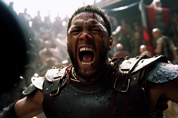A blood-spattered Maximus Decimus Meridius shouting in front of a crowd