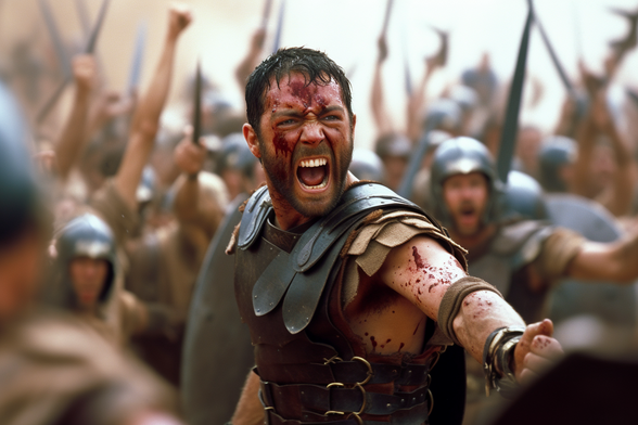 A blood-spattered Maximus Decimus Meridius shouting in the middle of his troops