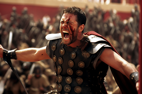 A blood-spattered Maximus Decimus Meridius shouting in front of a crowd