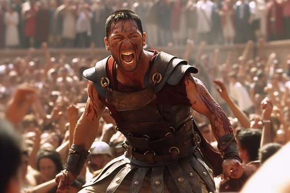 A blood-spattered Maximus Decimus Meridius shouting in front of a crowd in the arena