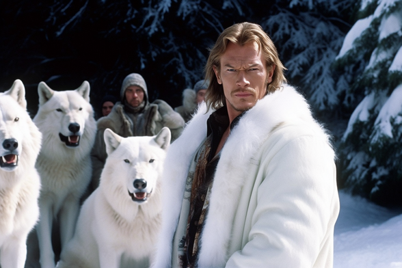 Evil looking guy in white parka with huskies