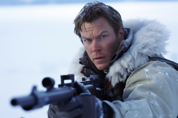 Man threatening someone with a rifle (in the snow wearing a parka)