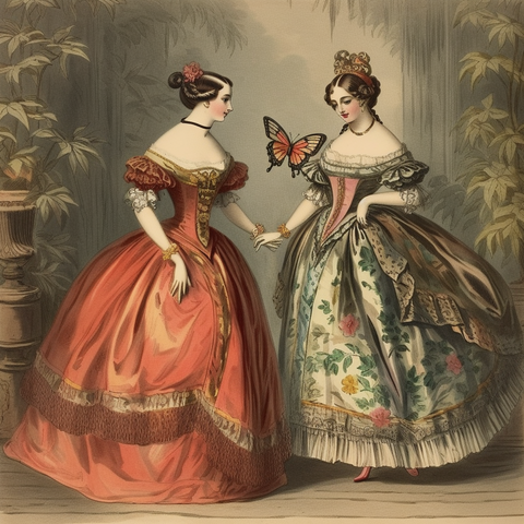 Two fashionable young ladies with a very large butterfly