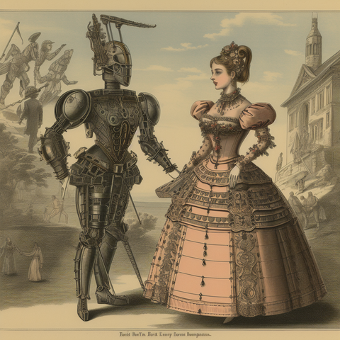 A fashionable young cyborg lady with her robot suitor