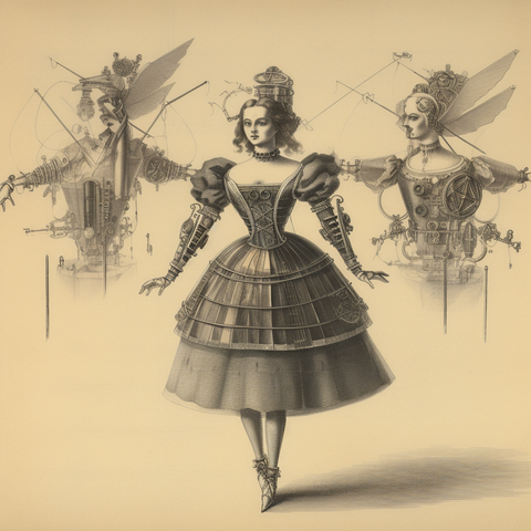 A fashionable young cyborg lady with diagrams of cyborgs