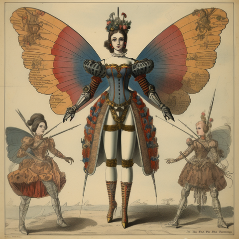 A giant woman with butterfly wings and her spiky attendants