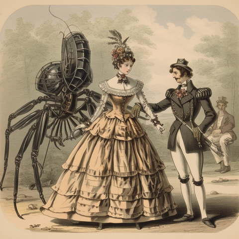 A fashionable young lady with her human and robot suitors