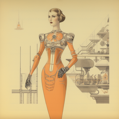 A cyborg woman in an orange gown