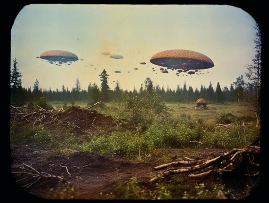 Huges aucer-like objects drifting low over the forest