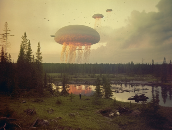 Huge jellyfish-like objects drifting over the forest