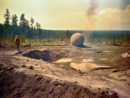 A large rocky sphere, segmented in possibly artificial fashion, rests on the ground in the middle of a large area of devastated forest