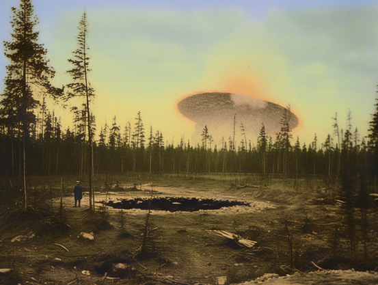 A huge saucer-like object falling into the forest