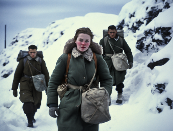 Three young people hiking bare-headed through a snow-covered pass