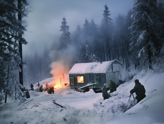 A group of people stand around a hut which is catching fire in the gloom of a winter’s dusk