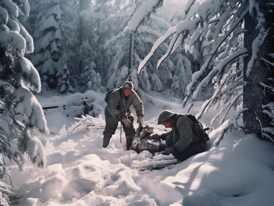Two people are brushing away the snow from ~something~ in an icy forest